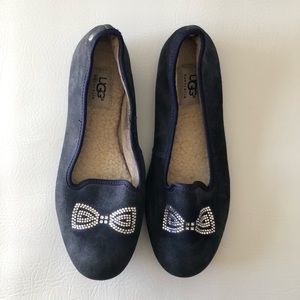 UGG Alloway Crystal Bow Fleece Lined Flats Navy Blue size 7.5